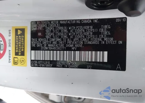 2011 Lexus Rx 350 z USA, uszkodzony, nr VIN 2T2BK1BA4BC082771